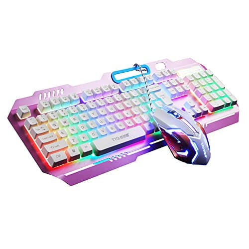 TTQ Gaming Keyboard Mechanical Touch Feeling with Rainbow Backlit& Gaming Mouse Max 3200 DPI with Blue Breathing Lamp& Mouse Pad,Mouse Keyboard Set(Pink)