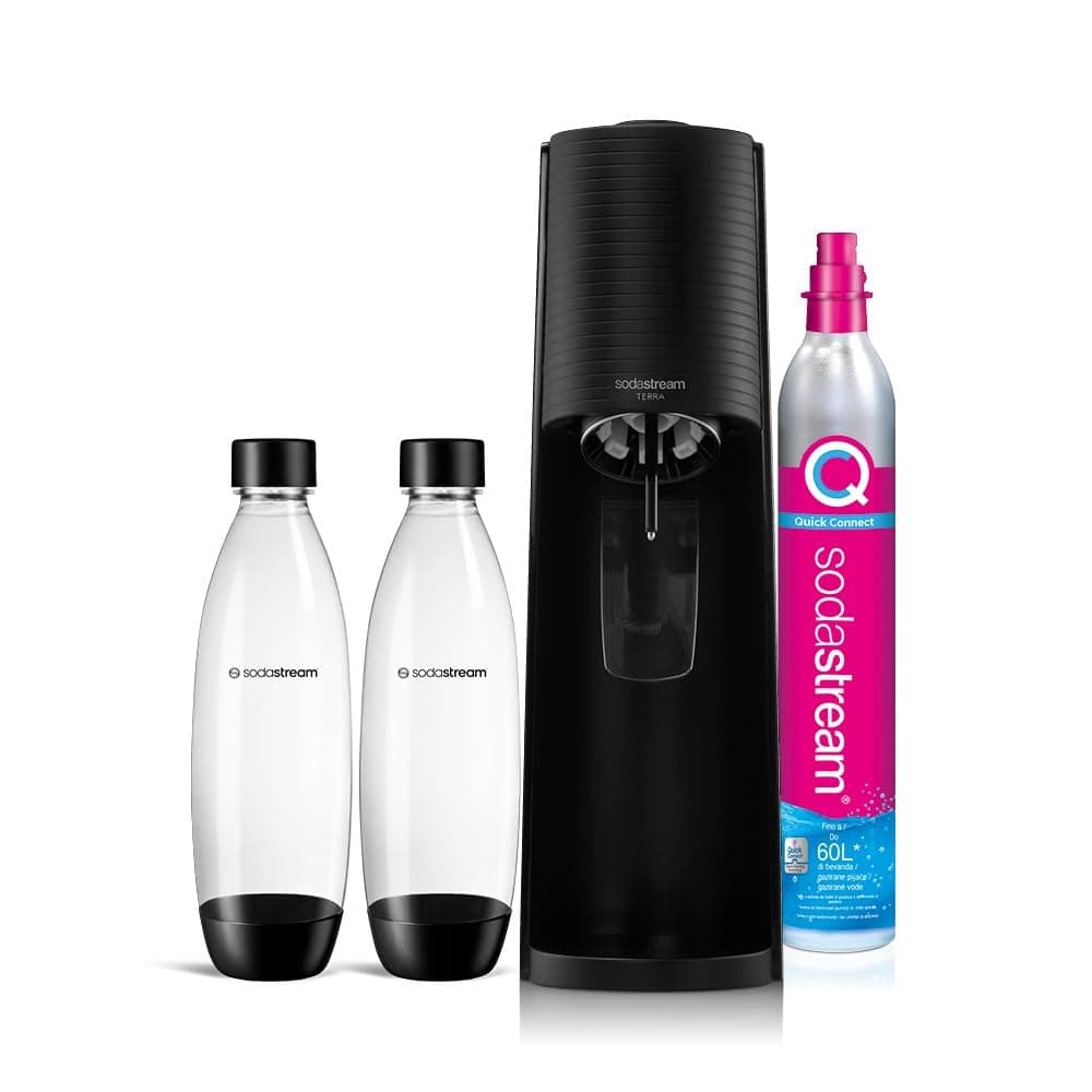 Terra Value Pack Sparkling Water Maker with 2 x 1 L Dishwasher Safe Cast Bottles and 1 x Quick Connect CO2 Cylinder for Making up to 60 L of Sparkling Water, Matt Black