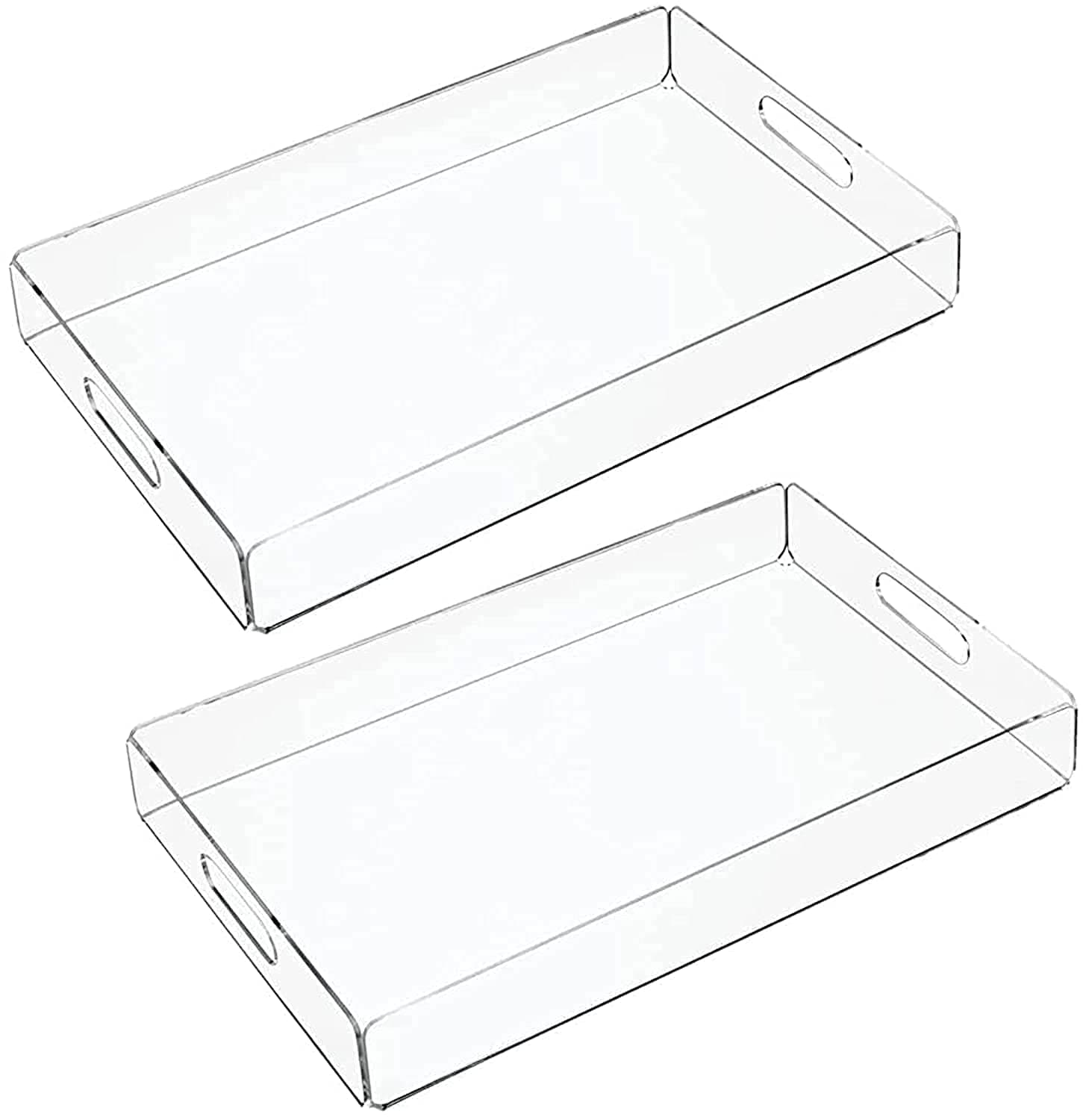 Clear Acrylic Serving Tray with handle, Rectangular Set of 2 Serving Tray For Coffee Table, Food, Wine, Fruit, Makeup Vanity tray, Ottoman Tray, organizer tray for Home & Office (15.2" X 11" X 2")