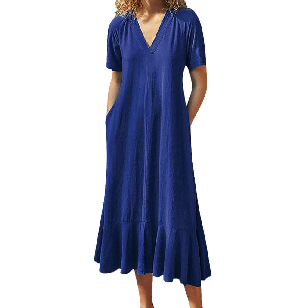 Mikilon Women's V Neck Side Pockets Short Sleeve Back Tie Split Ruffle Hem Beach Long Maxi Dress