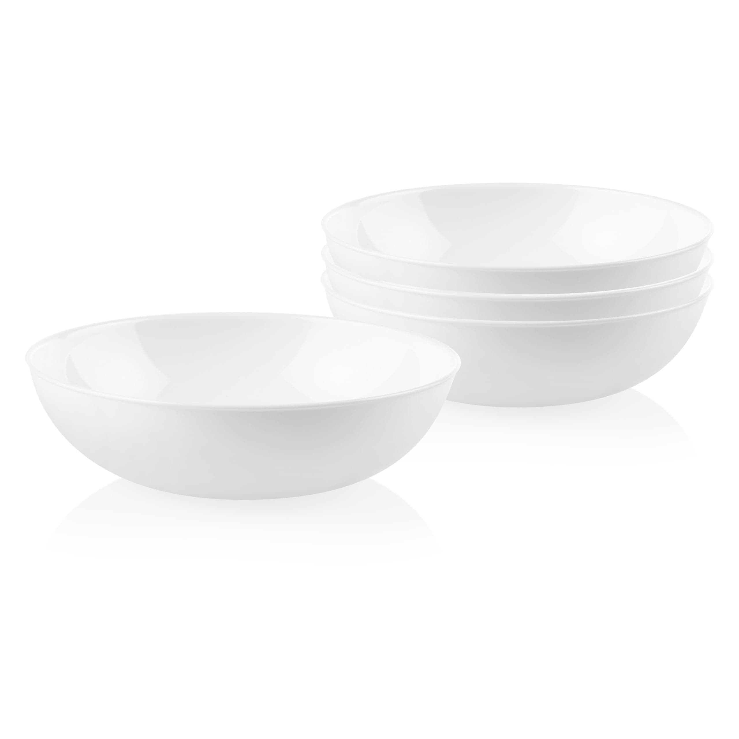 Corelle 4-Pc Meal Bowls Set Service for 4, Durable and Eco-Friendly 9-1/4-Inch Glass Bowls, Compact Stack Bowl Set, Microwave and Dishwasher Safe, White, 46 Ounces