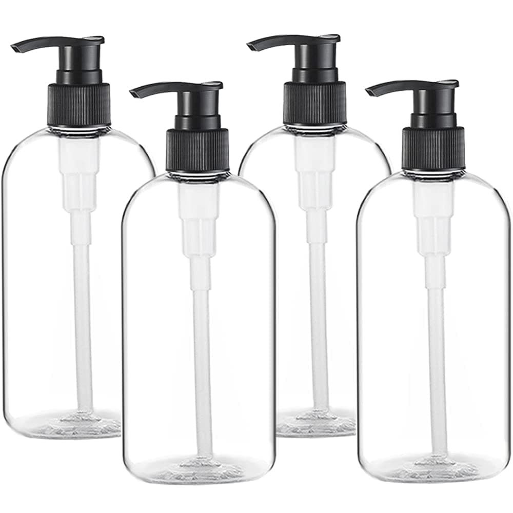 Empty Plastic Pump Bottles Dispenser 4 Pack 16oz/500ml Portable Clear BPA-Free Cylinder Shampoo Lotion Hand Pump Bottle Durable Refillable Containers
