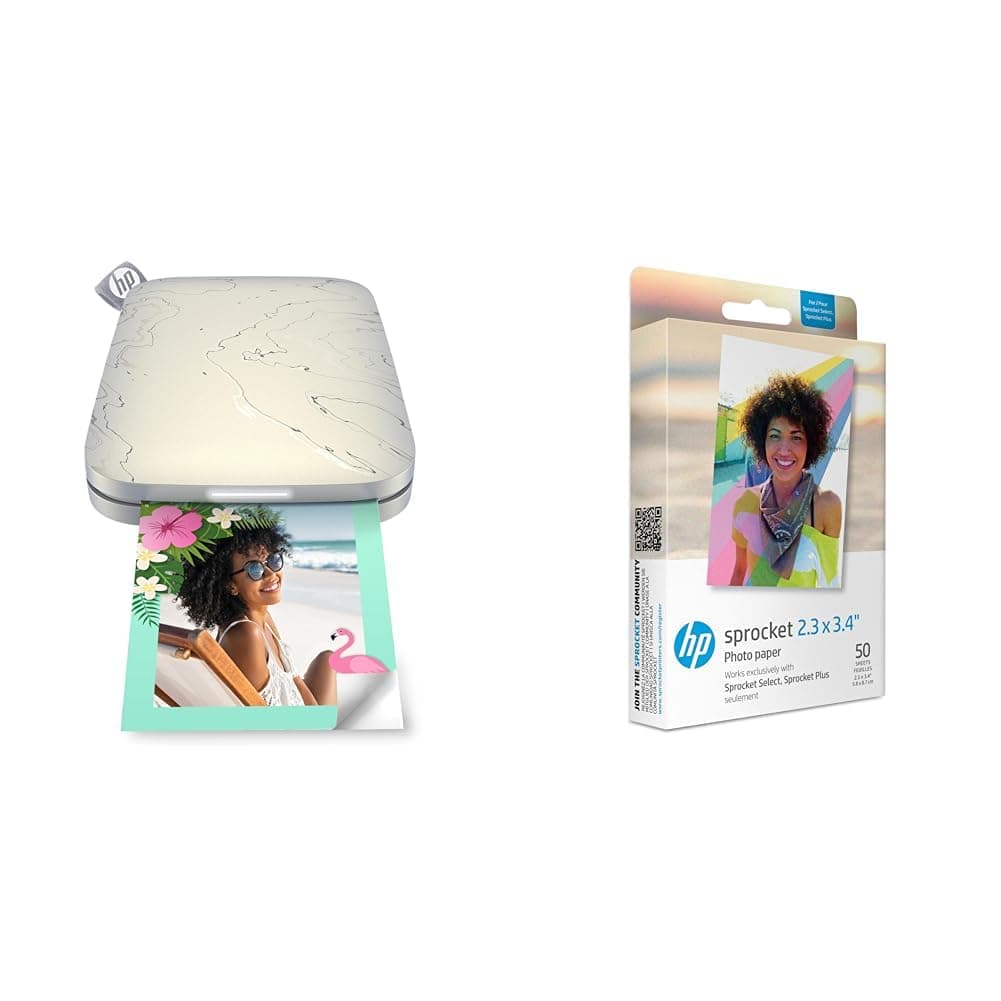 HP Sprocket Select Portable Instant Photo Printer (Eclipse) Prints on 2.3x3.4” Sticky-Backed Zink Photo & IZL2X350 Sprocket 2.3 x 3.4 Premium Zink Sticky Back Photo Paper (50 Sheets)