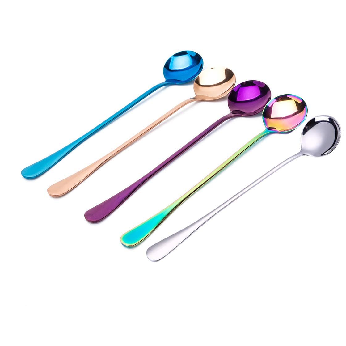 Long Handle Magic Tea Stainless Steel Multicolored Rainbow Spoon Set - 5 Pieces for Iced Tea, Ice Cream, Coffee, Milkshake, Dessert, and Cocktail Stirring
