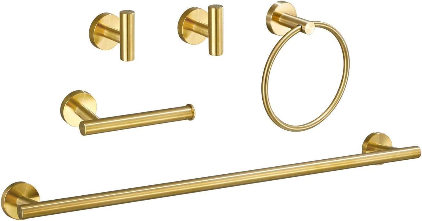 USHOWER Bathroom Hardware Set, Includes 24-Inch Bath Towel Bar, Durable SUS304 Stainless Steel, Brushed Gold, 5-Piece