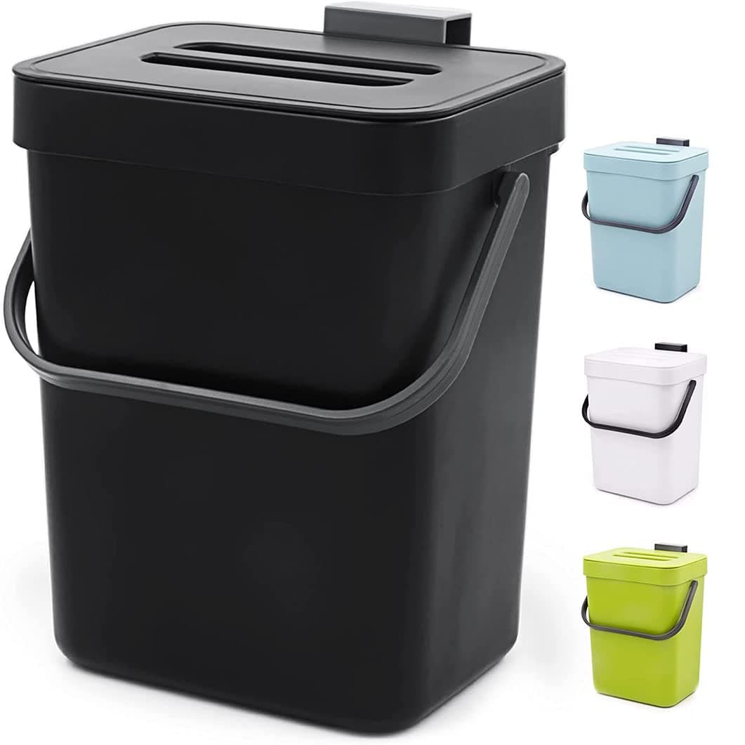 Kitchen Compost Bin,FININA Small Countertop Trash Can with Lid Under Sink for Kitchen, Food Waste Bin for Countertop, Mountable Garbage Can Bathroom (Black-5L)