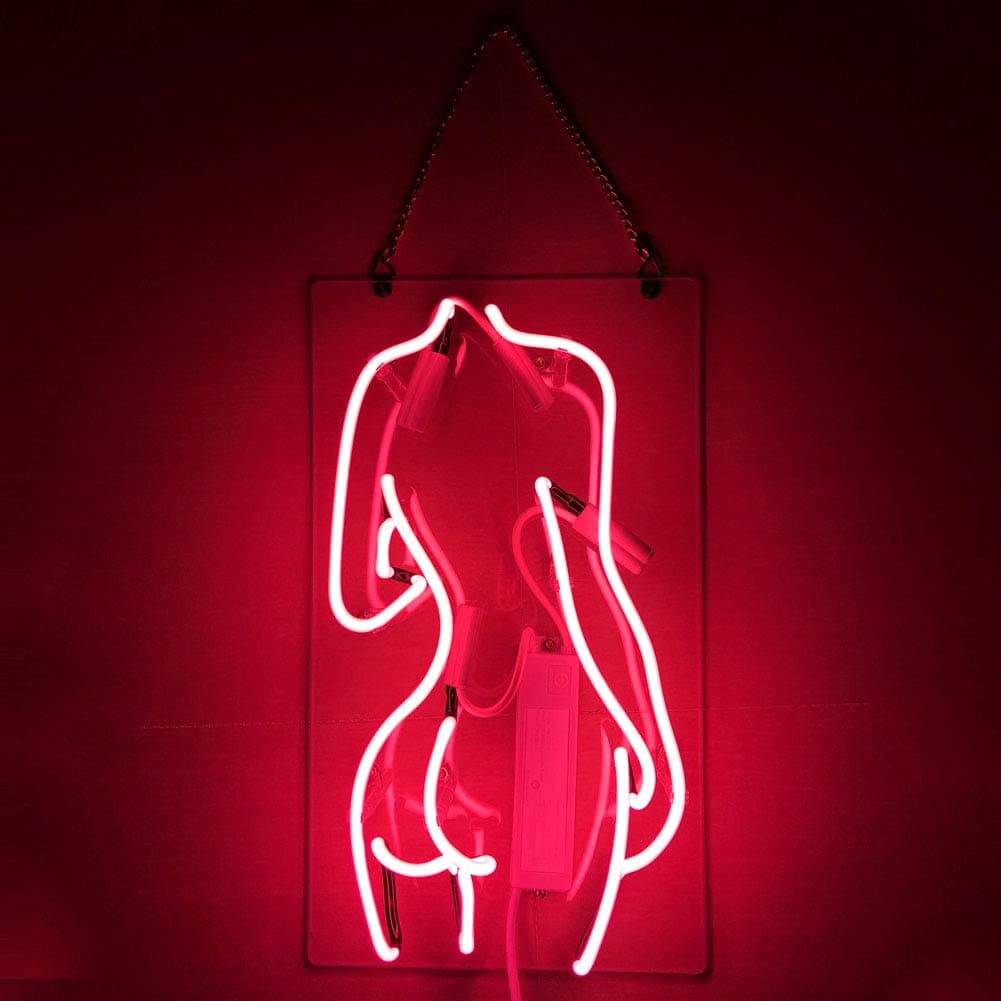 ''Lady Back'' Real Glass Acrylic Panel Handmade Visual Artwork Home Decor Wall Light Real Glass Neon Light Sign Home Beer Bar Pub Recreation Room Game Lights Windows Garage Wall Signs14''x8" (Pink)