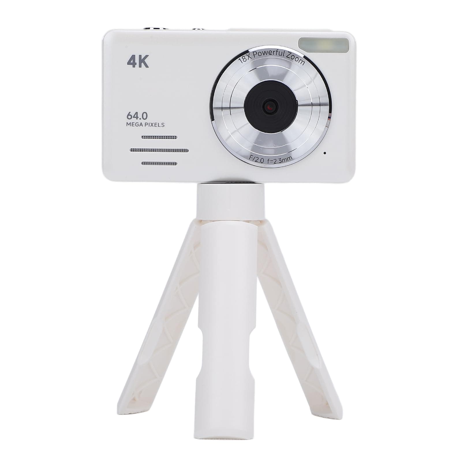 4K 64MP Digital Camera, 2.88 Inch Screen Auto Focus Compact Video Camera with 18X Digital Zoom, Multifunctional Point and Shoot Digital Camera with Tripod & LED Fill Light (White)