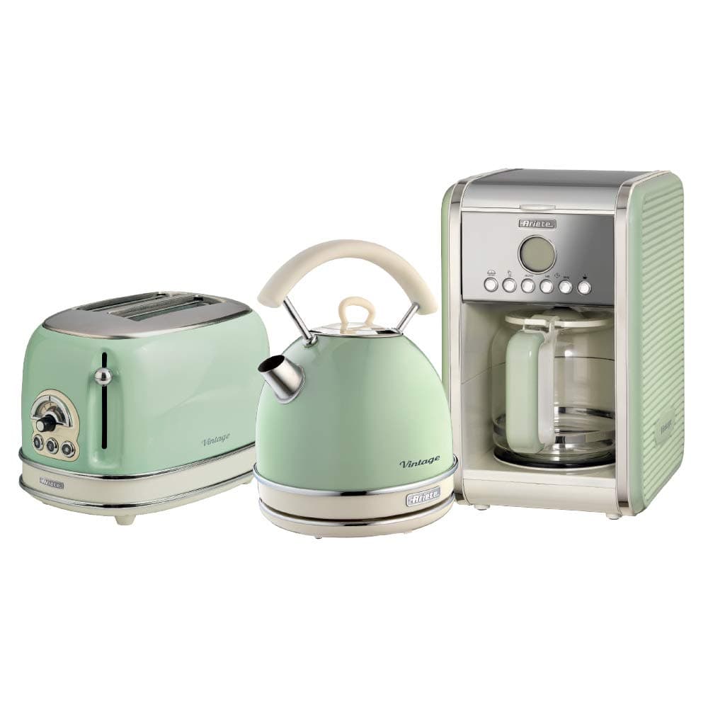 Ariete ARPK14 Retro Style Dome Kettle, 2 Slice Toaster and Filter Coffee Machine Set, Vintage Design, Green