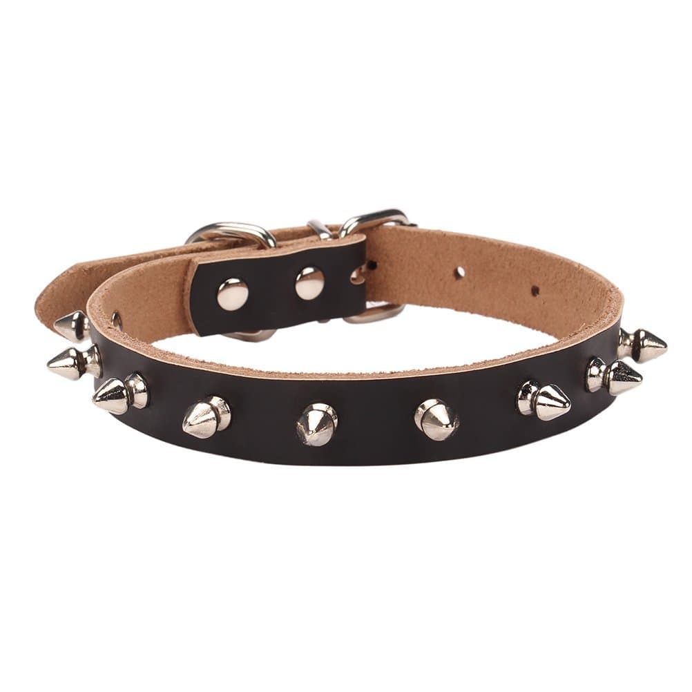 Aolove Basic Classic Adjustable Genuine Cow Leather Pet Collars for Cats Puppy Dogs (X-Large, Black-Spiked Rivet)