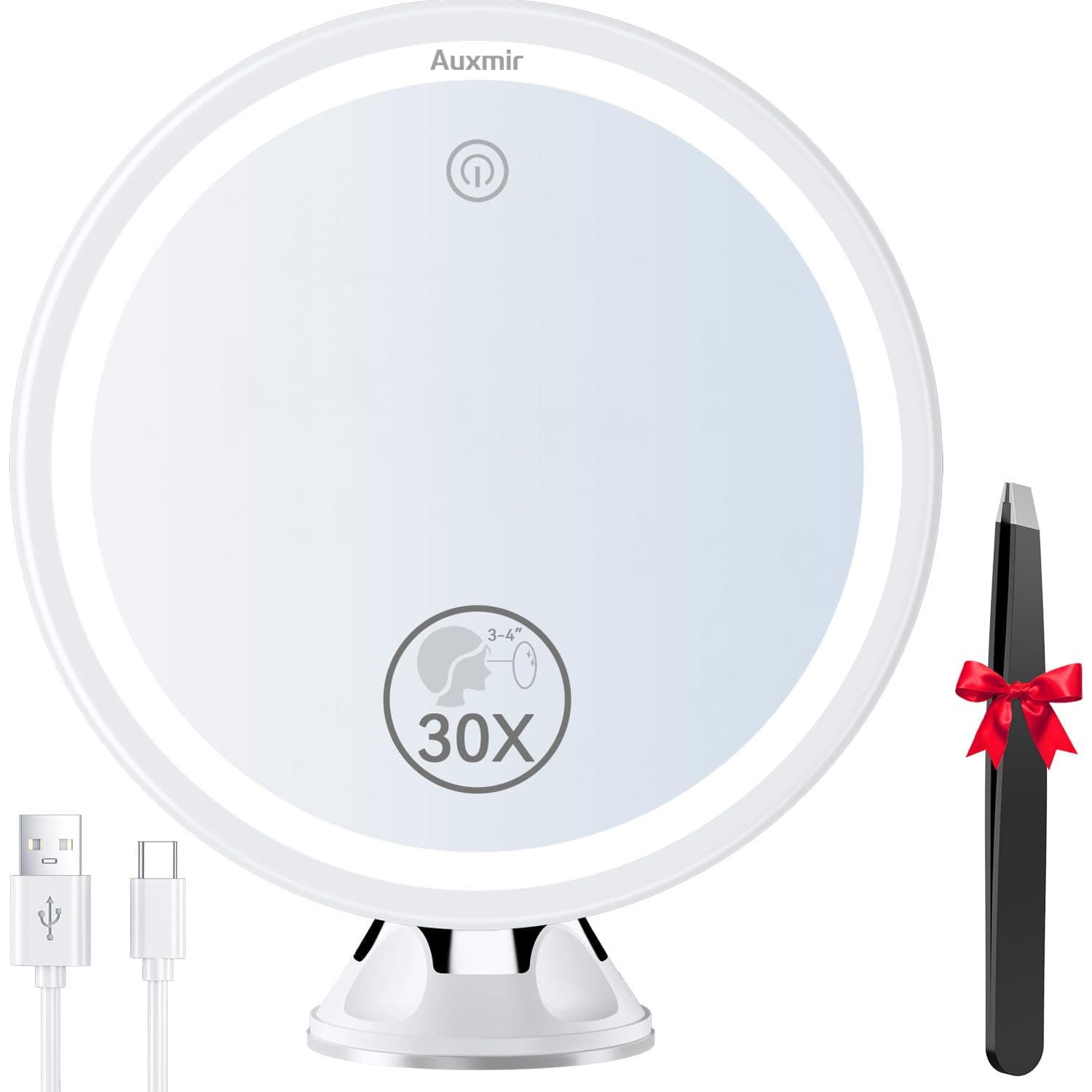 30X Magnifying Mirror with Light, Makeup Mirror with 3 Color Lights, 8″ Rechargeable Vanity Mirror with Power Suction Cup, 360° Swivel, Touch Dimmable Mirrors with Tweezer for Home Travel