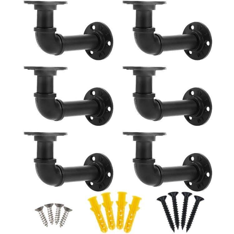 Pipe Shelf Bracket, 6 Pack Industrial Rustic Shelf Brackets, Vintage Wall Mounted Pipe Heavy Duty for Shelving, Black Iron Metal Pipe Brackets for DIY Floating Shelves Farmhouse, Hardware Included