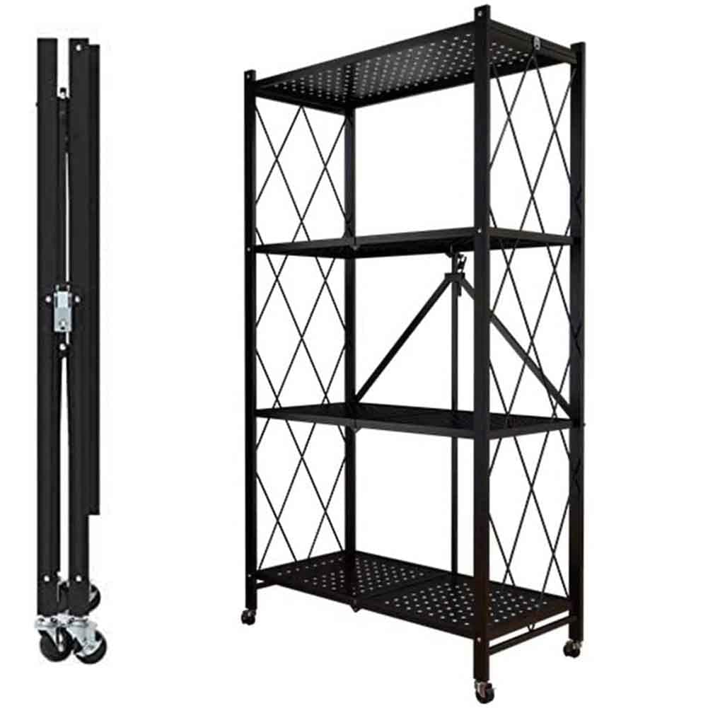 RUQIWEMI 4-Tier Foldable Shelf Shelving Storage Rack Unit with Wheels, Metal Organizer Wire, Kitchen Stand Storage Shelf, Fastest Install (Black,4 Layers Foldable)