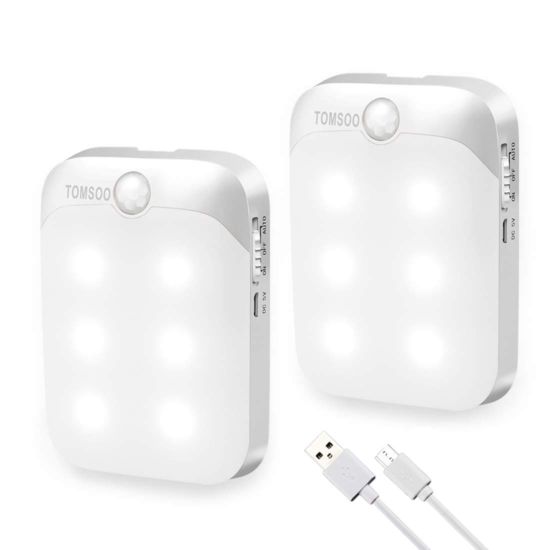 TOMSOO Rechargeable Motion Activated Light, 6 LED Stick-on Anywhere Smart Security PIR Infrared Motion Sensor Detection Light, Closet Light, Stairs Light for Security Decoration, 2pcs, White