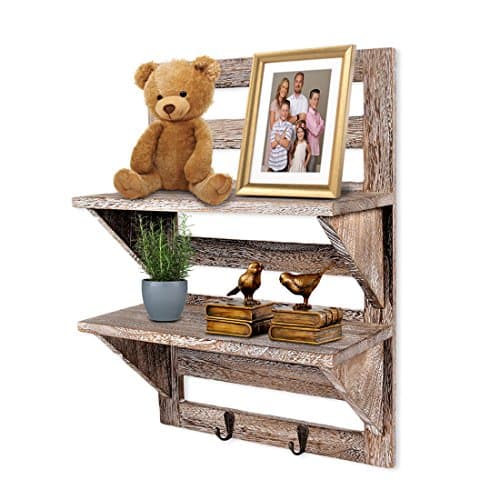 DecoLife Rustic Wall Organizer 100% Handmade Wood 2 Shelf with 2 Brass Hooks, in Vintage Style fatigued Wood Perfect Home Decor Farmhouse Kitchen Bookshelf Floating Book Mail Mounted Hanging Corner