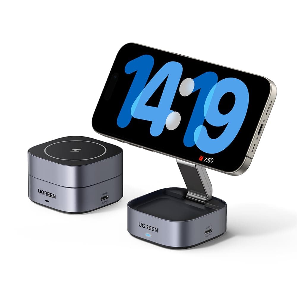 UGREEN MagFlow Wireless Charger 2 in 1 Compatible with MagSafe Foldable MagSafe Charging Stand 7.5W Qi Certified for iPhone 17/16/15/14/13/12 Series, AirPods 3/2/Pro and More with USB C Port Extension