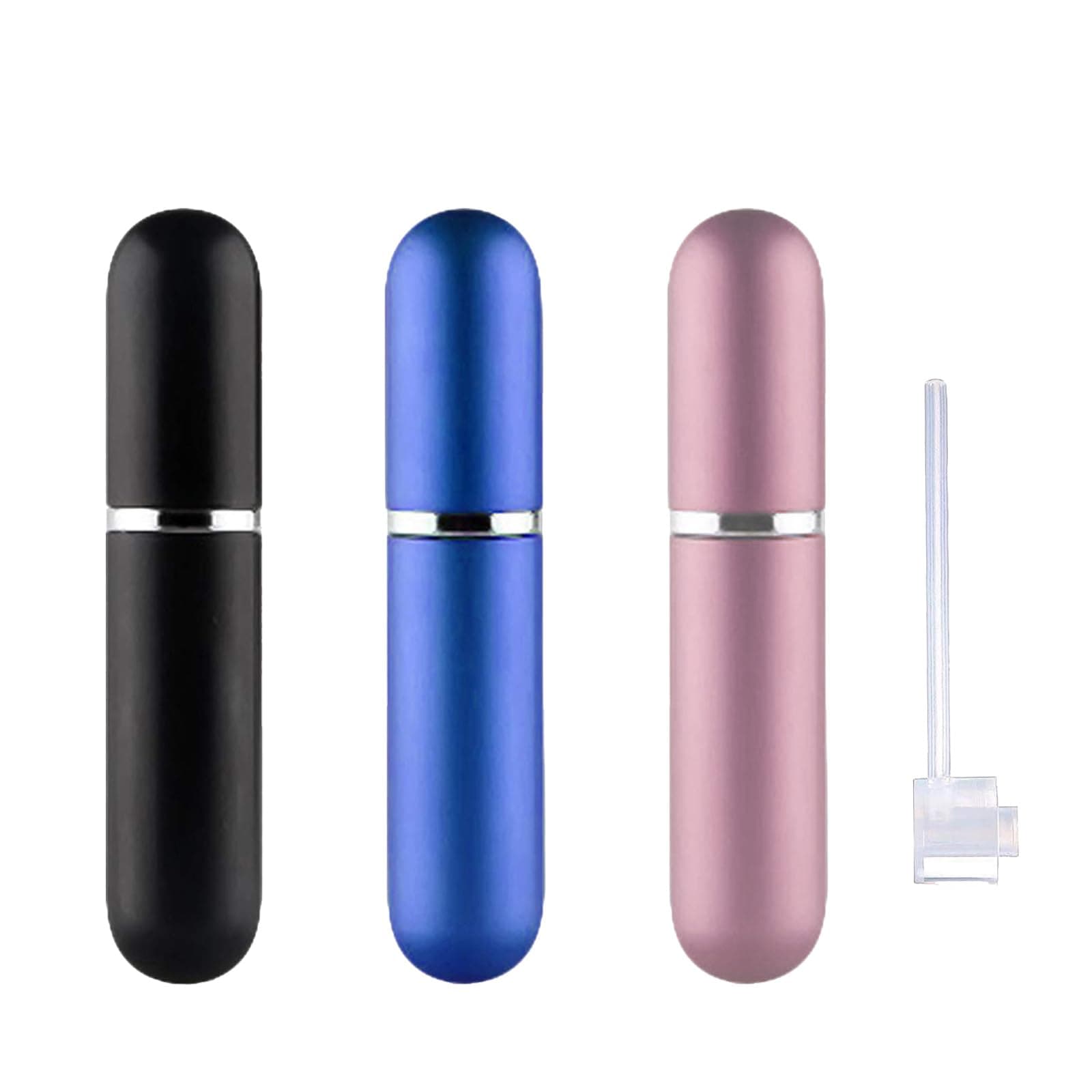 Travel Refillable Perfume Atomisers, 5ML, 3 Pcs Mini Portable Spray Bottles, Round Tube Set With 1 Flat Separated Tool, for Home Business Trip (Black+Blue+Champagne)(4pcs)