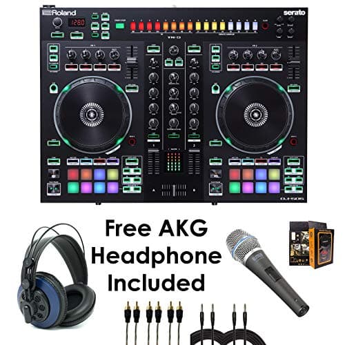 Roland PKG DJ-505 Two Channel, Four-Deck Serato DJ Controller – Package Bundle with EMIC800 Microphone, 3x RCA Cable, 2x QTQ Cable, and Free Blue Headphone & Mobile Bracket