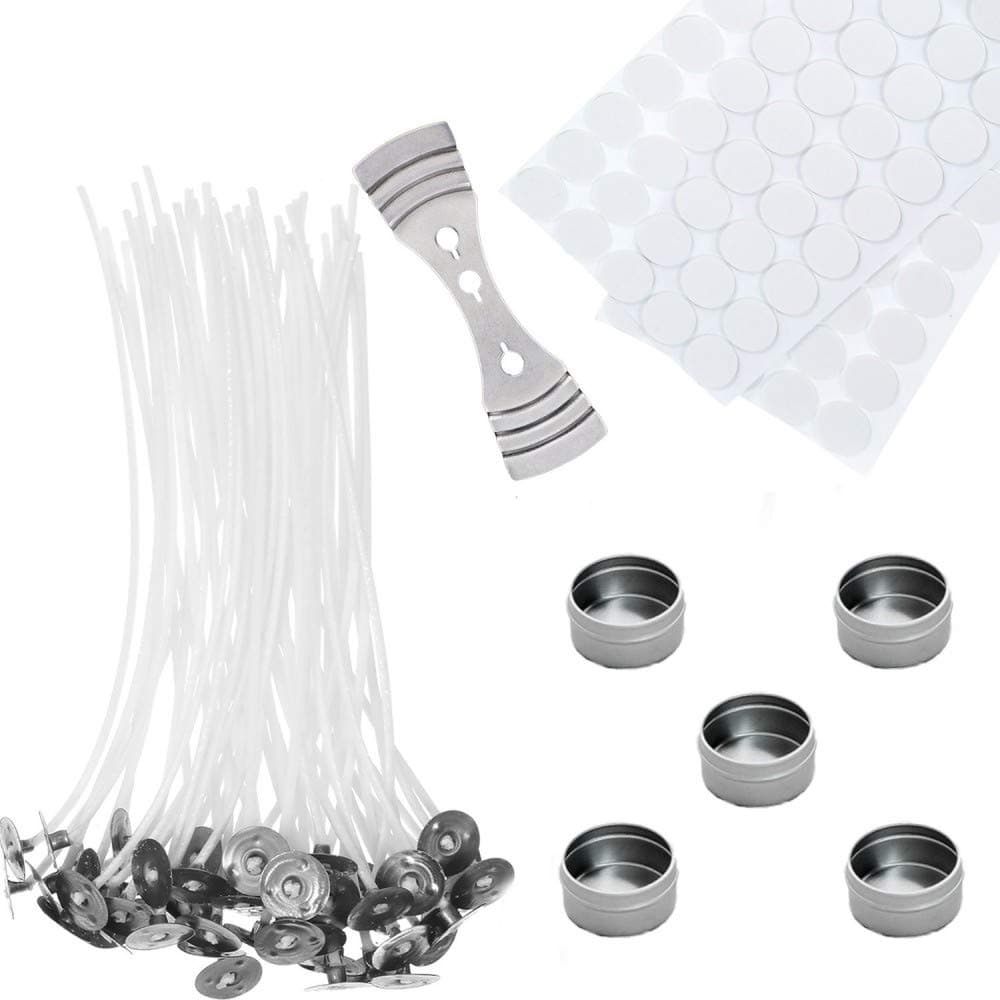 206pcs Candle Making Kit with 100pcs Waxed Wicks, 100pcs Double-Sided Dots Wick Stickers, 1pc Stainless Wick Fixed Holder, 5pcs Waxed Wicks Container