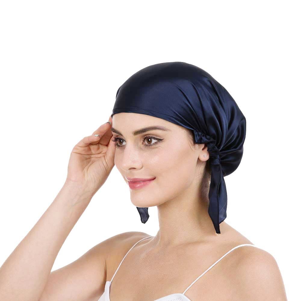 100% Mulberry Silk Night Sleeping Cap X-Large Size for Thick and Long Hair Bonnet Hat Smooth Soft Multi Colors (Navy Blue)