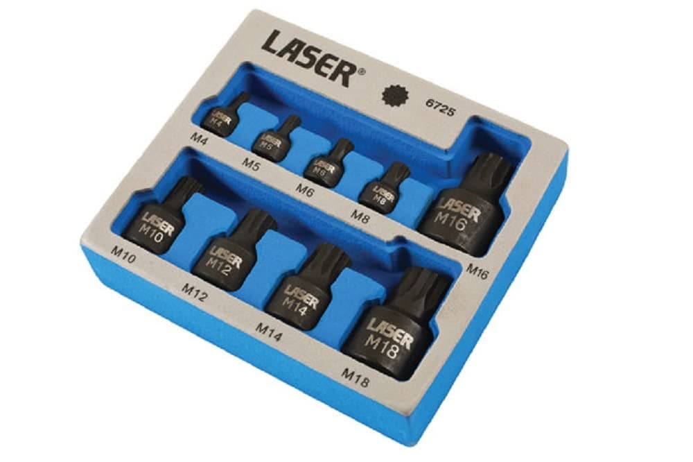 Laser 6725 Low Profile Spline Socket Bit Set, Silver, 1/4"D, 3/8"D, 1/2"D, 9pc