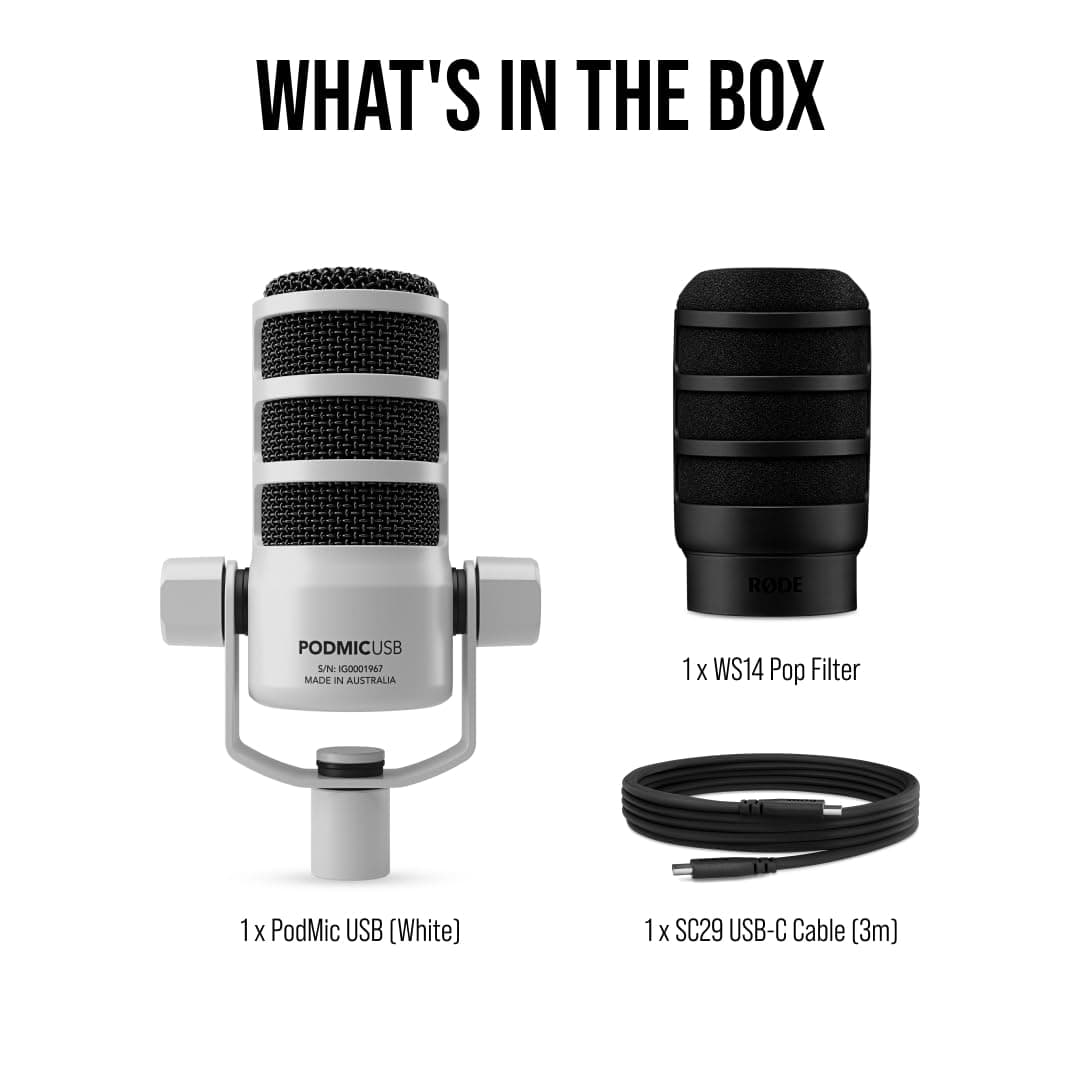 RODE Microphones Road Microphones Pod Microphone, USB Dynamic Broadcast Microphone, White, PODMICUSBW