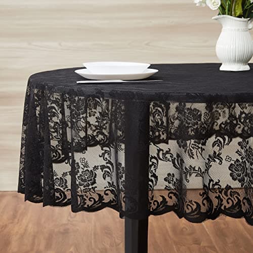 LinenZone Black Round Tablecloth for Rustic Vintage Decor. Sheer Lace Table Cloth Works Great As Wedding Tablecloth or Thanksgiving Table Cover. (Mia 60 Round, Black)