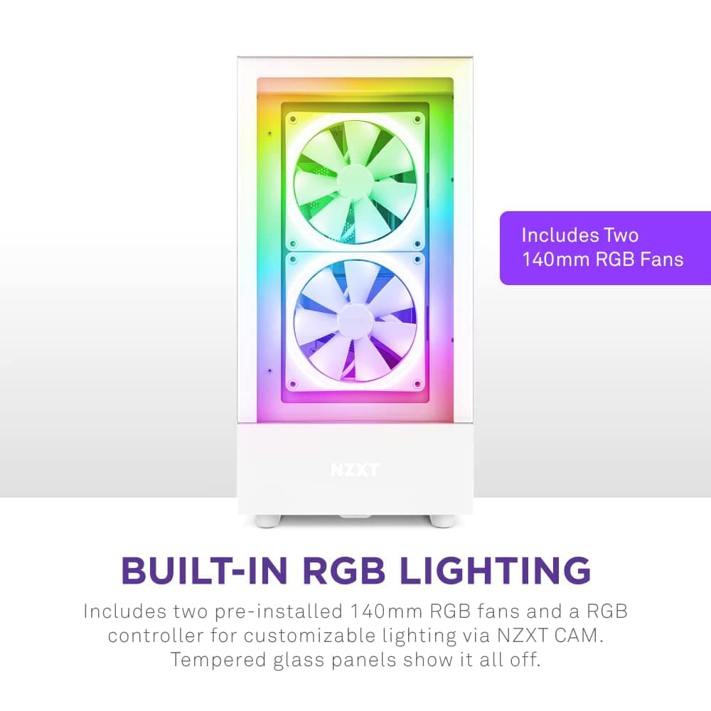 NZXT H5 Elite Compact ATX Mid-Tower PC Gaming Case – Built-in RGB Lighting – Tempered Glass Front and Side Panels – Cable Management – 2 x 140mm RGB Fans Included – 280mm Radiator Support – White