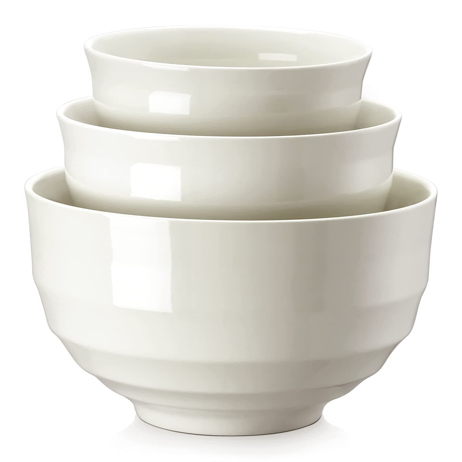 DOWAN Ceramic Mixing Bowls for Kitchen, Size 3.5/1.9/1.2 Qt Large Serving Bowl Set, Microwave and Dishwasher Safe, Sturdy & No Scratch, Nesting Bowls for Space Saving, 3-Piece Set, Creme White