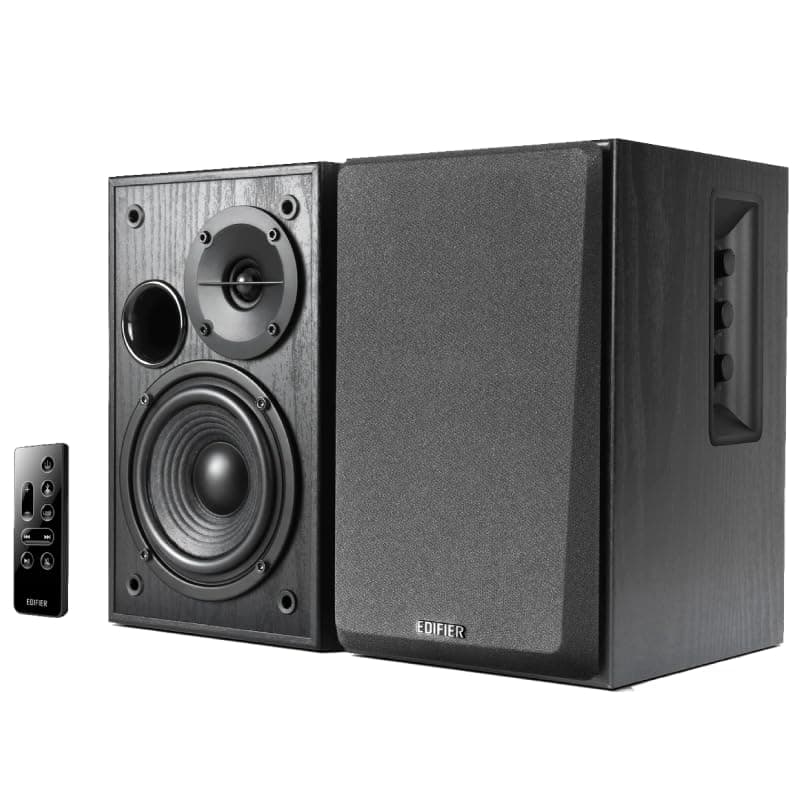 R1580MB Active 2.0 Studio Bookshelf Speaker System with Dual Microphone Inputs and Bluetooth Connectivity - Black Wood