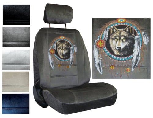 Seat Cover Connection Native Wolf Dreamcatcher print 2 Low Back Bucket Car Truck SUV Seat Covers with 2 Head Rest Covers - Charcoal Grey