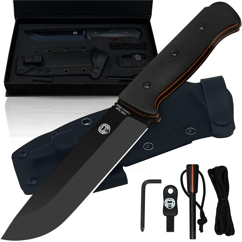 Bushwhacker Fixed Blade Knife with Fire Starter, G10 Scraper, and Paracord (Black) - Ideal for Camping and Survival