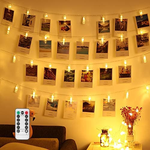 50 LED Photo Clips String Lights, LED Decorative Lights, Dimmable 9 Modes Remote & Timer Function Dual Powered Choice, Fairy Wedding Party Lights for Hanging Photos Pictures Cards Artworks