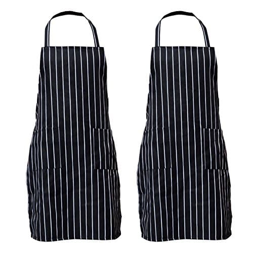 PINFOX 2 Pack Stripe Bib Apron with Pockets Black Cooking Kitchen Chef Apron Gift for Women Men - 30.3 Inch Length by 22 Inch Width