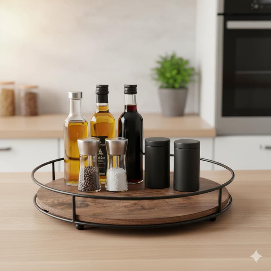 Solid Hard Wood Lazy Susan in Teak Finish Kitchen Turntable for Dining Tables and Cabinet Storage 12 Inch