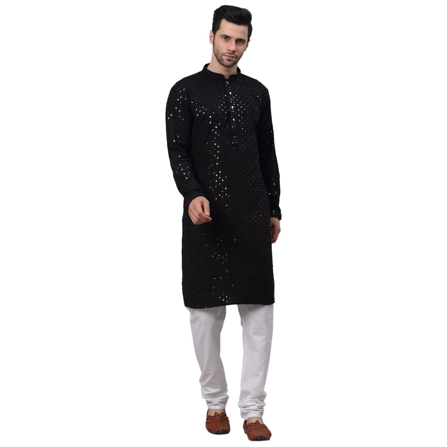JompersMen Chikankari Embroidered and Sequence Kurta with Churidar