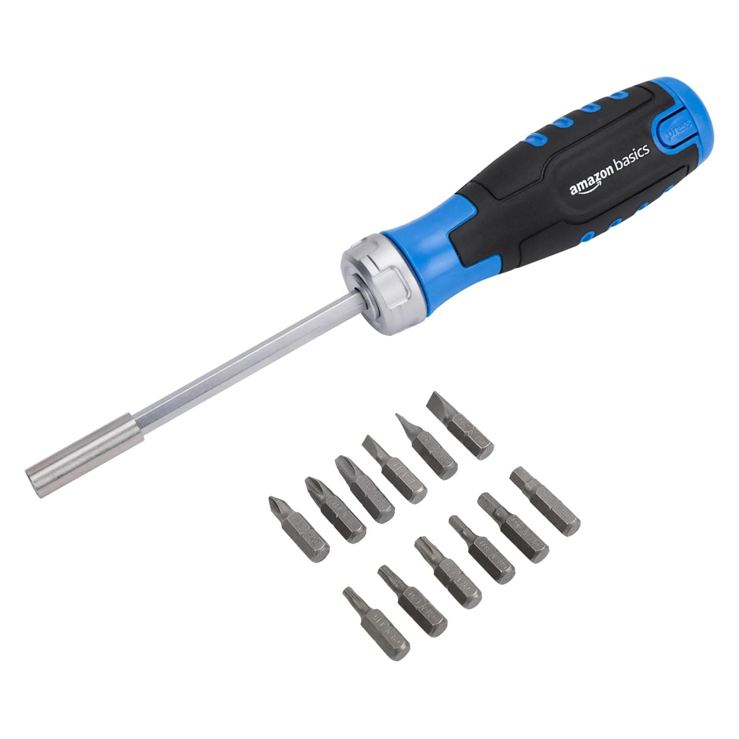 - Amazon Basics 12-in-1 Ratcheting Magnetic Screwdriver Set with Bit Storage in Handle, Portable Repair Tool Kit, Security Torx, Phillips, Flat, Hex, Torx, Black, Blue, Silver
