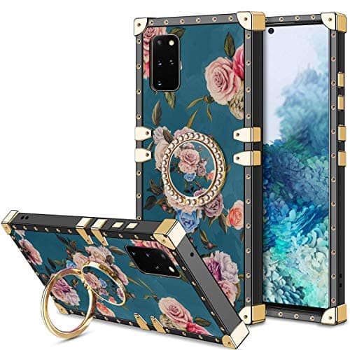 HoneyAKE Square Case for Galaxy S20+ Plus Case with Ring Stand Holder Floral Flower Elegant Soft TPU Reinforced Corner Shock-Absorbing Protective for Galaxy S20 Plus/S20+ 5G 6.7 inch  Peony