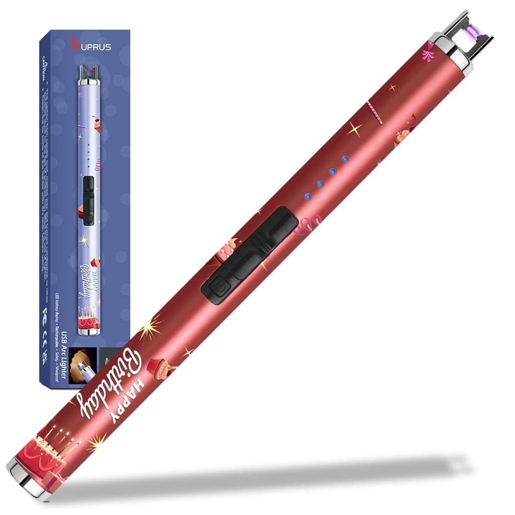 Candle Arc USB Lighter Electric Lighter with Upgraded LED Battery Display Safety Switch Rechargeable Flameless Plasma Windproof Portable for Birthday (Birthday Red)