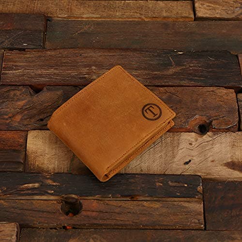 Personalized Rustic Brown Leather Bifold Mens Wallet w/Coin Compartment and Wooden Box - Engrave a Secret Message Inside! - Great Gift for Boyfriend, Ushers, Father's Day
