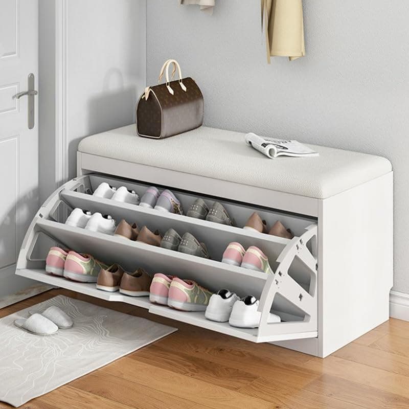 LITFAD Modern Shoe Storage Bench with Doors Entryway Shoe Bench with Cushion Seat Hallway Bench with Shoe Storage Cabinet Free Standing Hidden Shoes Organizer - 31.5" L x 12" W x 18" H White