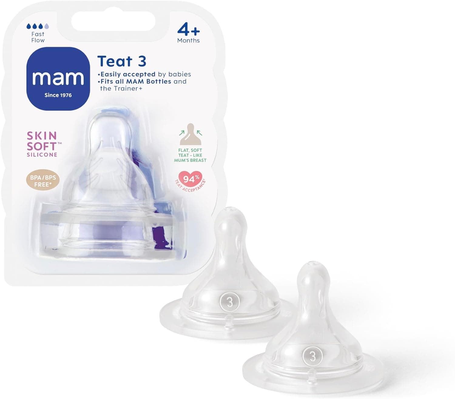 Teats Size 3 | 2 Pack | Fast Flow | Suitable from 4+ Months | Fits All MAM Bottles | Made from SkinSoft Silicone | Baby Accessories