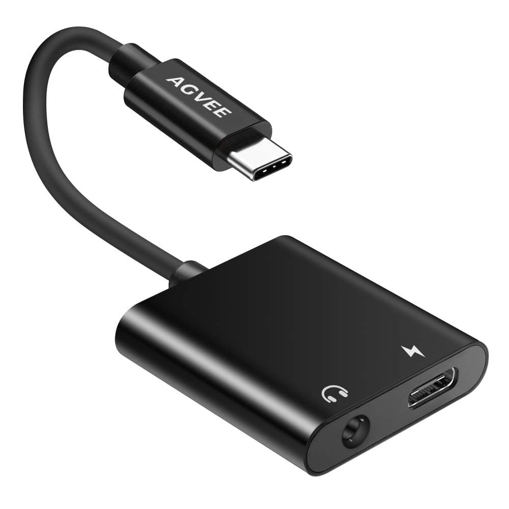 AGVEE 2-in-1 USB-C to 3.5mm Microphone Headphone Adapter, Type-C Mic AUX Earbud Splitter, USBC Audio Earphone Converter, PD 27W Charger Dongle for Samsung S21 S20 Note 20/10, iPad Pro, Pixel, Black