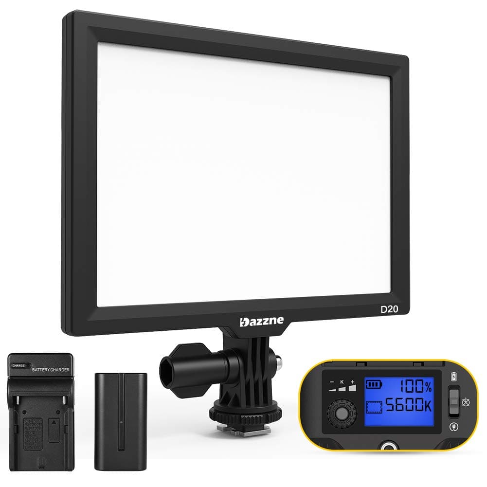 LED Video Light, Dazzne D20 Dimmable Bi-Color LED Panel Light 3200k-5600k,CRI95+ with Battery and USB Charger Professional for Canon, Nikon,SONY,Panasonic,Samsung and Olympus Digital SLR Camera