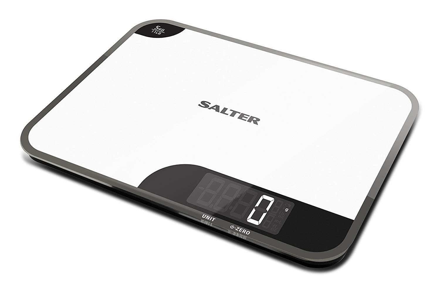 Salter1064 WHDR Digital Kitchen Scale - 5kg Capacity, Easy Read Display, Add &Weigh/Tare Function, Measure Liquids in ml/fl.oz, Glass Platform For Baking & Cooking, Batteries Included, 17 x 23 x 1cm