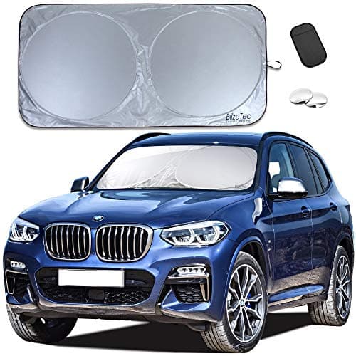 Car Sun Shade: BlizeTec Premium Windshield Protector with Blind Spot Mirrors and Dashboard Anti-Slip Pad; Sedan and SUV Friendly