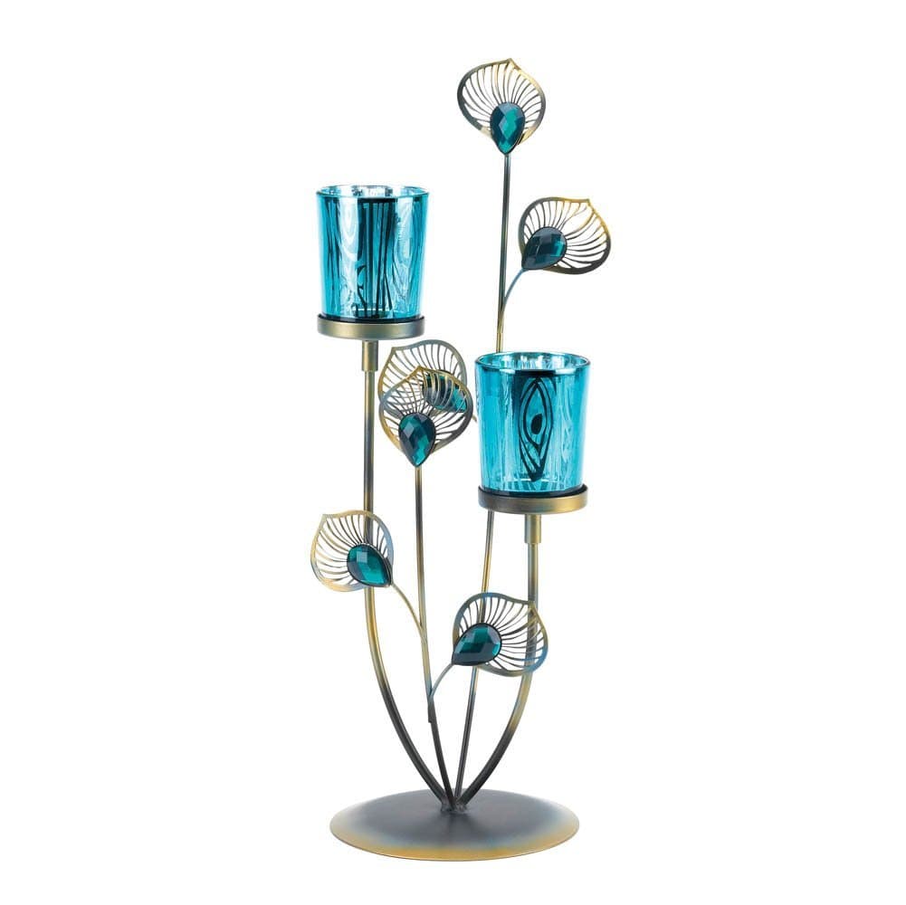 10015949 Peacock Plume Candleholder, Multicolor