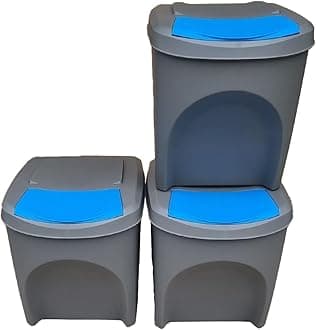 Stolmet Large Stackable Recycling Bins Set of 3x25L (Brand KrysGo) - Customizable Lids with Recycling Stickers - Waste Sorting for Home, Kitchen, Office (Grey + Blue)