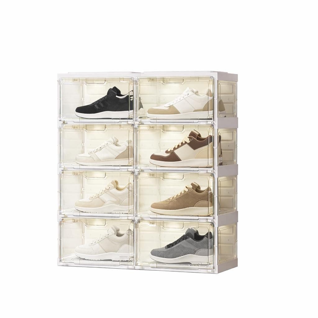 Shoe Storage Box with Light and Wheels - 8 Pairs-2 Rows | Sneaker Organizer, Transparent Door and Sides, Plastic Shoe Crates | Waterproof Shoe Rack Cover | Shoe Rack for Home, Closet Organizer