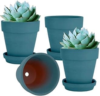 6 Inch Steel Blue Terracotta & Clay Pots for Plant with Saucer - 4 Pack Medium Terra Cotta Planter with Drainage Hole, Flowerpot for Indoor Outdoor Plants, Crafts, Wedding Favor
